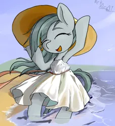 Size: 726x800 | Tagged: safe, artist:a.s.e, derpibooru import, marble pie, pony, semi-anthro, beach, clothes, cute, dress, eyes closed, female, happy, hat, image, jpeg, marblebetes, mare, ocean, smiling, solo, sun hat, water