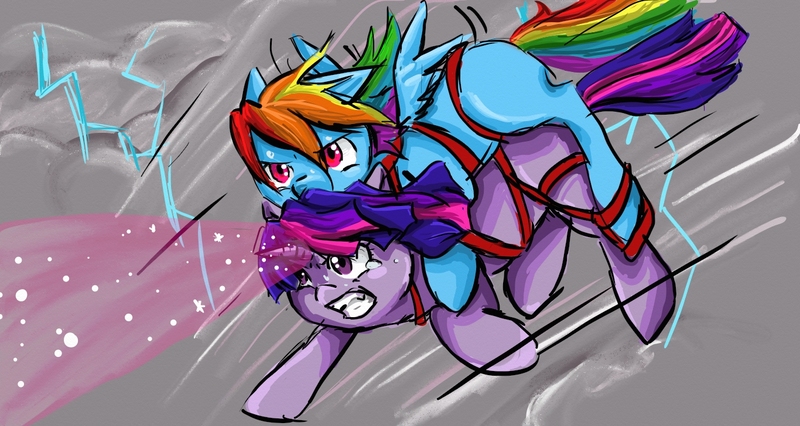 Size: 1366x728 | Tagged: artist needed, safe, derpibooru import, rainbow dash, twilight sparkle, pony, angry, aura, blast, cloud, cloudy, flying, glow, glowing horn, harness, holding a pony, horn, image, jpeg, lightning, magic, magic beam, magic blast, tack, teary eyes