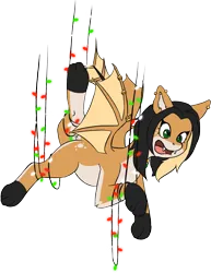 Size: 1689x2184 | Tagged: safe, artist:jiralightstalker, derpibooru import, oc, oc:bonny hadens, hybrid, christmas, christmas lights, confused, holiday, image, paws, piercing, png, tied up, wing piercing, wing ring, wings
