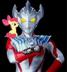 Size: 1001x1080 | Tagged: safe, artist:sketchmcreations, banned from derpibooru, deleted from derpibooru, derpibooru import, apple bloom, pony, apple bloom's bow, bow, hair bow, happy, image, jpeg, sitting, smiling, ultraman, ultraman taiga