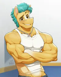 Size: 1640x2048 | Tagged: safe, artist:ponyanony, derpibooru import, hitch trailblazer, anthro, earth pony, pony, abs, biceps, clothes, crossed arms, deltoids, g5, image, jewelry, jpeg, looking at you, male, male nipples, muscles, muscular male, necklace, nipples, nudity, pecs, see-through, shredded hitch, solo, stallion, stupid sexy hitch trailblazer, triceps