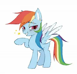 Size: 2000x1900 | Tagged: safe, artist:aay41x, derpibooru import, rainbow dash, pegasus, pony, alternate design, colored ears, colored wings, ear piercing, eyebrow slit, eyebrows visible through hair, female, grin, image, jpeg, mare, piercing, raised eyebrows, raised hoof, scar, simple background, smiling, sparkling eyes, standing, white background, wings