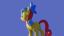 Size: 1920x1080 | Tagged: safe, artist:thegratemeis, derpibooru import, oc, oc:meis grater, pegasus, pony, 3d, 3d model, 3d pony creator, animated, animation test, blender, blender eevee, blue background, female, green eyes, image, loop, multicolored hair, perfect loop, rotating, simple background, solo, spinning, webm, yellow