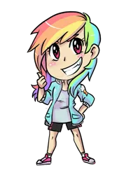 Size: 1024x1449 | Tagged: safe, artist:laceysdraws, derpibooru import, rainbow dash, human, big head, chibi, clothes, deviantart watermark, grin, humanized, image, long mane, multicolored hair, obtrusive watermark, pink eyes, png, rainbow hair, shoes, shorts, simple background, smiling, socks, solo, transparent background, watermark