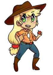 Size: 1024x1449 | Tagged: safe, artist:laceysdraws, derpibooru import, applejack, human, apple, belt, belt buckle, boots, chibi, clothes, denim, deviantart watermark, eye clipping through hair, eyebrows, eyebrows visible through hair, food, green eyes, hat, humanized, image, jeans, long hair, obtrusive watermark, open mouth, pants, png, shoes, simple background, solo, transparent background, trousers, watermark