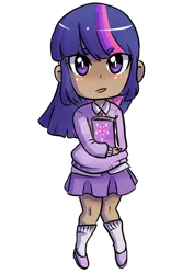 Size: 1024x1449 | Tagged: safe, artist:laceysdraws, derpibooru import, twilight sparkle, human, beanbrows, book, bowtie, chibi, clothes, collar, deviantart watermark, eye clipping through hair, eyebrows, humanized, image, obtrusive watermark, open mouth, png, simple background, skirt, socks, solo, transparent background, watermark