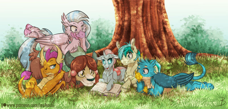 Size: 1024x489 | Tagged: safe, artist:inuhoshi-to-darkpen, derpibooru import, gallus, ocellus, sandbar, silverstream, smolder, yona, changedling, changeling, classical hippogriff, dragon, earth pony, gryphon, hippogriff, pony, yak, book, cute, diaocelles, diastreamies, image, jpeg, sandabetes, student six, tree, yonadorable