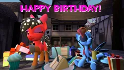 Size: 1280x720 | Tagged: safe, artist:dragonboi471, derpibooru import, rainbow dash, oc, oc:cherry soda, earth pony, pegasus, pony, 3d, birthday, gmod, image, jpeg, pirate dash