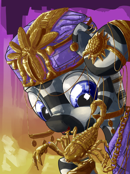 Size: 2000x2692 | Tagged: safe, artist:uteuk, derpibooru import, scorpion, zebra, equestria at war mod, clothes, gold, happy, image, jpeg, male