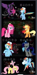 Size: 744x1493 | Tagged: safe, derpibooru import, applejack, fluttershy, pinkie pie, rainbow dash, rarity, twilight sparkle, twilight sparkle (alicorn), alicorn, earth pony, pegasus, pony, unicorn, cutie mark, fighting stance, flying, friday night funkin', image, jpeg, pinkamena diane pie, scared, triple trouble, twivine sparkle, worried, youtuber:thewizardpony