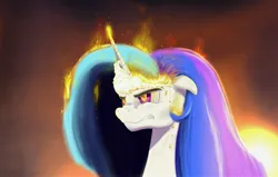 Size: 3576x2277 | Tagged: safe, artist:gosha305, derpibooru import, daybreaker, princess celestia, alicorn, angry, burning, crying, derpibooru exclusive, female, furious, glow, glowing horn, horn, image, jewelry, jpeg, mane on fire, melting, regalia, sad, scowl, sky background, solo, sun, transformation