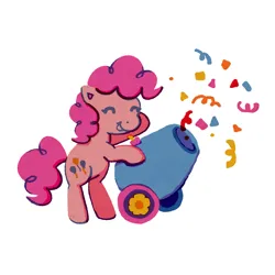 Size: 2048x2048 | Tagged: safe, artist:kaylees-art, derpibooru import, pinkie pie, earth pony, pony, :p, cannon, cutie mark, eyes closed, image, jpeg, party cannon, simple background, smiling, solo, tongue out, white background