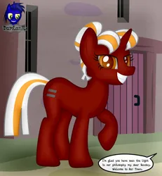Size: 3840x4154 | Tagged: safe, artist:damlanil, derpibooru import, oc, oc:sunday cream, pony, unicorn, comic, commission, egalitarianism, equal cutie mark, equalized, equalized mane, female, grin, horn, house, image, looking at you, mare, our town, png, raised hoof, show accurate, smiling, solo, speech bubble, text, vector