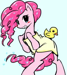 Size: 1111x1246 | Tagged: safe, artist:ponysprinkles, derpibooru import, pinkie pie, earth pony, pony, semi-anthro, bipedal, blue background, blush sticker, blushing, female, image, jpeg, looking at you, mare, rubber duck, simple background, solo, towel, wet, wet mane