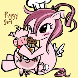 Size: 1085x1085 | Tagged: safe, artist:ponysprinkles, derpibooru import, oc, unofficial characters only, pegasus, pony, chef's hat, eating, female, food, hat, image, jpeg, muffin, pigtails, simple background, sitting, tongue out, wings, yellow background