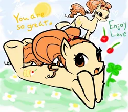 Size: 1062x929 | Tagged: safe, artist:ponysprinkles, derpibooru import, oc, unofficial characters only, earth pony, pony, female, flower, grass, heart, image, jpeg, looking at you, lying down, mare, open mouth, open smile, outdoors, prone, smiling, smiling at you, solo, sun, underhoof