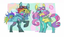 Size: 1474x850 | Tagged: safe, artist:mmyusoap, derpibooru import, fluttershy, rainbow dash, pegasus, pony, abstract background, duo, duo female, ear piercing, earring, emanata, female, goggles, hair over one eye, image, jewelry, jpeg, looking at you, mare, open mouth, piercing, raised hoof, simple background, speech bubble, white background, wings