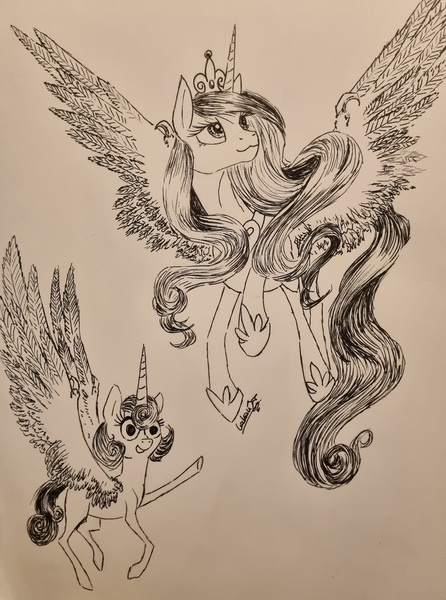 Size: 2968x3996 | Tagged: safe, artist:cahandariella, derpibooru import, princess cadance, princess flurry heart, alicorn, derp, feather, image, jpeg, monochrome, pen sketch, royal family, spread wings, traditional art, wings