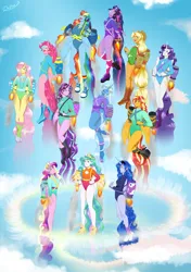 Size: 4169x5906 | Tagged: safe, artist:delfinaluther, derpibooru import, applejack, fluttershy, pinkie pie, princess cadance, princess celestia, princess luna, rainbow dash, rarity, starlight glimmer, sunset shimmer, trixie, twilight sparkle, twilight sparkle (alicorn), alicorn, anthro, human, equestria girls, alicornified, blue background, clothes, cloud, cloudy, commission, digital art, female, flying, humanized, image, jetpack, leotard, mane six, png, race swap, simple background, sky, smiling, sonic rainboom, stars