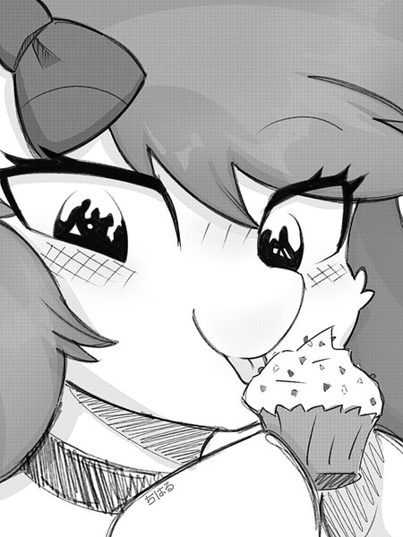 Size: 1440x1920 | Tagged: safe, artist:ishikawachichan, derpibooru import, oc, unofficial characters only, pony, cupcake, eating, eye clipping through hair, female, food, grayscale, happy birthday, image, japanese, jpeg, licking, mare, monochrome, moon runes, solo, tongue out