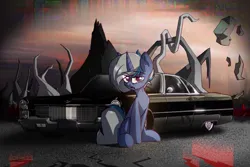 Size: 2215x1479 | Tagged: safe, artist:rainydark, derpibooru import, oc, oc:rain, unofficial characters only, pony, unicorn, abstract background, car, horn, image, male, my little pony, png, sunset, unicorn oc