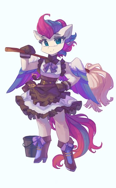 Size: 2542x4096 | Tagged: safe, artist:saxopi, derpibooru import, zipp storm, pegasus, pony, semi-anthro, bipedal, blue background, bucket, clothes, dress, female, g5, hoof hold, hoof on hip, image, jpeg, looking at you, maid, mare, mop, simple background, smiling, smiling at you, solo, wings