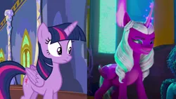 Size: 1280x720 | Tagged: safe, derpibooru import, edit, edited screencap, screencap, opaline, twilight sparkle, twilight sparkle (alicorn), alicorn, changeling, pony, my little pony: make your mark, my little pony: make your mark chapter 2, to where and back again, spoiler:g5, spoiler:my little pony: make your mark, comparison, disguise, disguised changeling, fake twilight, g4, g5, image, png