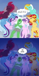 Size: 2000x3902 | Tagged: safe, artist:anonymous, fizzlepop berrytwist, lightning dust, starlight glimmer, sunset shimmer, suri polomare, tempest shadow, trixie, oc, oc:anon, human, pony, /mlp/, drawthread, female, image, mare, meme, pillow, png, ponified meme