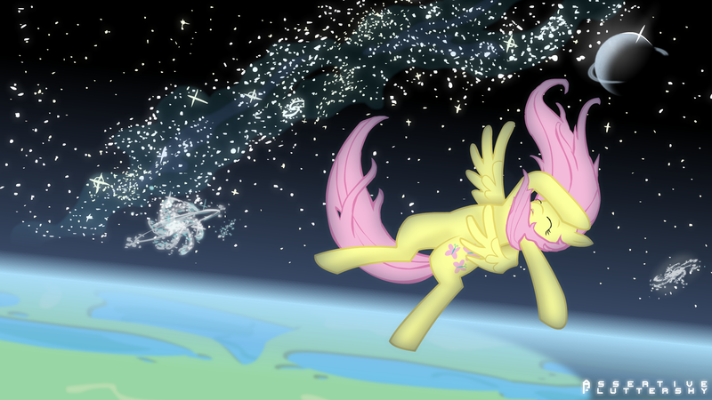 Size: 1920x1080 | Tagged: safe, artist:heart0fthestorm, derpibooru import, fluttershy, pegasus, pony, atmosphere, eyes closed, faint, falling, female, galaxy, image, mare, png, solo, space, spread wings, stars, wallpaper, wings