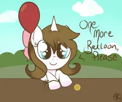 Size: 1069x895 | Tagged: safe, artist:balloons504, derpibooru import, oc, oc:balloons, unofficial characters only, pony, unicorn, balloon, bow, coin, female, happy, horn, image, jpeg, mare, solo, stand, that pony sure does love balloons, unicorn oc