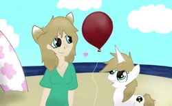 Size: 1077x666 | Tagged: safe, artist:balloons504, derpibooru import, oc, oc:balloons, unofficial characters only, human, pony, unicorn, balloon, beach, female, heart, image, jpeg, mare, ocean, sand, surfboard, that pony sure does love balloons, water, woman