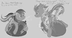 Size: 1572x828 | Tagged: safe, artist:retl, derpibooru import, lightning dust, rainbow dash, balloon, balloon riding, balloon sitting, dialogue, grayscale, image, monochrome, png, static electricity, that pony sure does love balloons