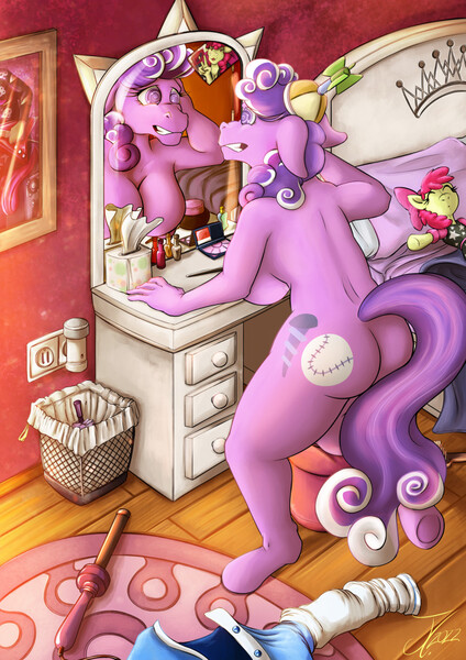 Size: 905x1280 | Tagged: questionable, artist:jamescorck, derpibooru import, apple bloom, diamond tiara, screwball, anthro, earth pony, bedroom, breasts, butt, character to character, female, image, jpeg, mirror, nudity, plushie, pony plushie, solo, solo female, tail, transformation