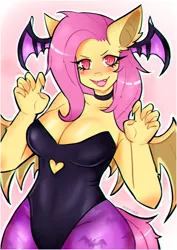 Size: 2000x2828 | Tagged: suggestive, artist:puffyrin, derpibooru import, fluttershy, oc, anthro, bat pony, anthro oc, bat ponified, bat wings, breasts, cleavage, clothes, cosplay, costume, darkstalkers, fangs, female, flutterbat, image, jpeg, looking at you, morrigan aensland, open mouth, open smile, race swap, smiling, smiling at you, solo, solo female, wide hips, wings