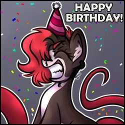 Size: 4500x4500 | Tagged: safe, artist:sadfloorlamp, derpibooru import, oc, ponified, hybrid, pony, birth, birthday, confetti, cute, female, happy birthday, hat, image, jpeg, mare, nose piercing, party hat, piercing, septum piercing, snake tail, solo, solo female, tail, teeth