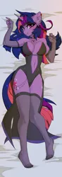 Size: 1200x3400 | Tagged: suggestive, artist:butterbit, derpibooru import, twilight sparkle, anthro, unicorn, body pillow, body pillow design, breasts, clothes, dress, image, png, seductive, sexy, smiling, socks, solo, thigh highs, witch costume