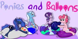 Size: 3672x1836 | Tagged: suggestive, artist:th3ph0b1ap0n3, derpibooru import, pinkie pie, princess luna, starlight glimmer, trixie, anthro, balloon, balloon fetish, balloon riding, balloon sitting, beach ball, blowing up balloons, fetish, image, inflatable, inflatable fetish, inflating, looking at you, png, that pony sure does love balloons