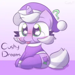 Size: 2000x2000 | Tagged: safe, artist:cushyhoof, derpibooru import, oc, oc:cushy dreams, unofficial characters only, pony, unicorn, blushing, clothes, cute, female, glasses, gradient background, hat, high res, horn, image, mare, nightcap, pajamas, png, question mark, sitting, socks, solo, text, tongue out, unicorn oc