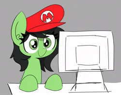 Size: 1014x796 | Tagged: safe, artist:pizzahutjapan, derpibooru import, oc, oc:anonfilly, earth pony, pony, computer, female, filly, foal, image, jpeg, mario hat, solo