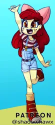 Size: 1280x2903 | Tagged: safe, artist:shadowhawx, derpibooru import, apple bloom, equestria girls, boots, clothes, image, jeans, jpeg, overalls, pants, raised hand, shirt, shoes, short jeans, solo, t-shirt