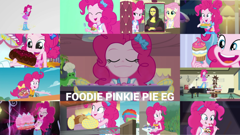 Size: 1968x1109 | Tagged: safe, derpibooru import, edit, edited screencap, editor:quoterific, screencap, fluttershy, pinkie pie, dance magic, equestria girls, equestria girls series, friendship games, holidays unwrapped, legend of everfree, mirror magic, spring breakdown, the craft of cookies, tip toppings, too hot to handle, spoiler:eqg series (season 2), spoiler:eqg specials, cake, clothes, cupcake, eyes closed, food, image, lifejacket, one-piece swimsuit, open mouth, png, saving pinkie's pie, snowcone, swimsuit