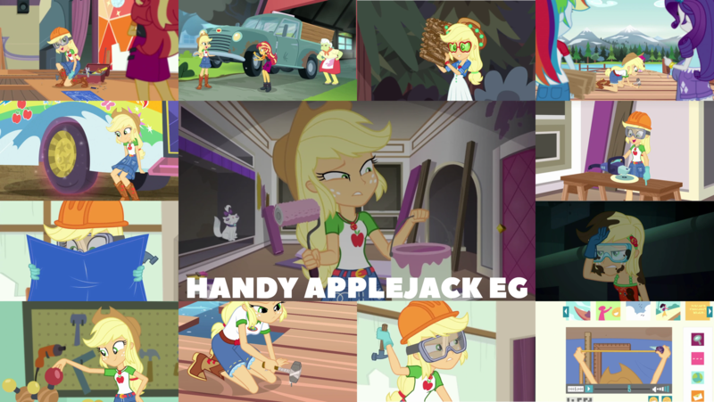 Size: 1968x1109 | Tagged: safe, derpibooru import, edit, edited screencap, editor:quoterific, screencap, applejack, granny smith, rainbow dash, rarity, sunset shimmer, cat, constructive criticism, diy with applejack, driving miss shimmer, equestria girls, equestria girls series, legend of everfree, road trippin, spring breakdown, the finals countdown, spoiler:eqg series (season 2), applejack's hat, cowboy hat, female, goggles, hammer, hat, image, png, trio, trio female