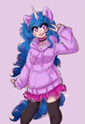 Size: 1127x1650 | Tagged: safe, artist:ashes-arts, artist:mylittleyuri, derpibooru import, izzy moonbow, human, blushing, choker, clothes, cute, eared humanization, female, g5, grin, horn, horned humanization, humanized, image, izzybetes, peace sign, pink background, png, simple background, skirt, smiling, socks, solo, stockings, tail, tailed humanization, thigh highs