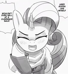 Size: 1102x1200 | Tagged: safe, artist:pabbley, derpibooru import, rarity, pony, unicorn, blushing, clothes, cute, dialogue, eyes closed, female, grayscale, image, jacket, jpeg, mare, marshmelodrama, monochrome, open mouth, open smile, raribetes, rarity being rarity, scarf, simple background, smiling, solo, speech bubble, talking to viewer, white background