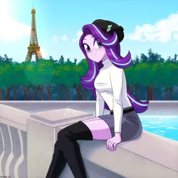 Size: 800x800 | Tagged: safe, artist:riouku, derpibooru import, starlight glimmer, equestria girls, belt, beret, blushing, boots, clothes, cloud, commission, cute, eiffel tower, female, france, french, glimmerbetes, hat, image, jpeg, knee-high boots, looking at you, paris, shoes, skirt, sky, solo, sweater, tree, water