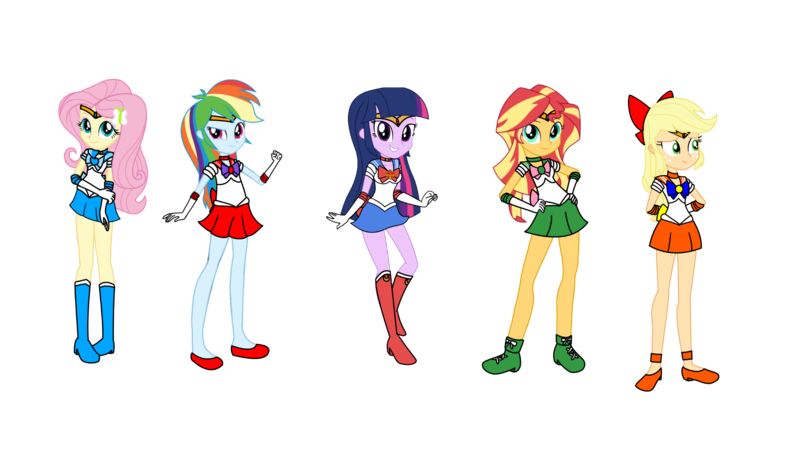 Size: 1920x1080 | Tagged: safe, artist:rollyagami02, derpibooru import, applejack, fluttershy, rainbow dash, sunset shimmer, twilight sparkle, equestria girls, clothes, clothes swap, cosplay, costume, image, png, sailor jupiter, sailor mars, sailor mercury, sailor moon, sailor venus, simple background, together, transparent background