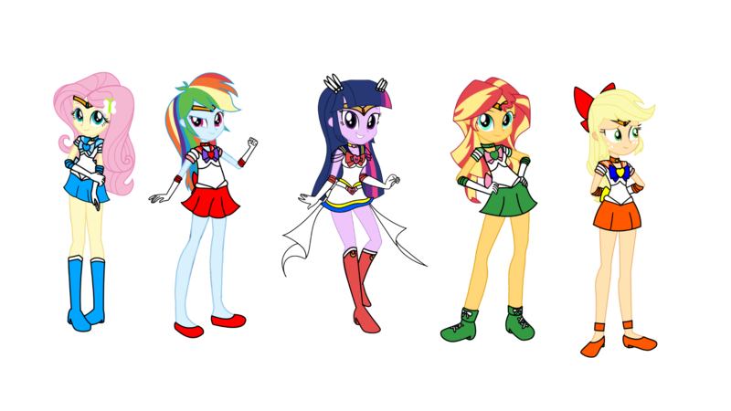 Size: 1920x1080 | Tagged: safe, artist:rollyagami02, derpibooru import, applejack, fluttershy, rainbow dash, sunset shimmer, twilight sparkle, equestria girls, clothes, clothes swap, cosplay, costume, image, png, sailor jupiter, sailor mars, sailor mercury, sailor moon, sailor venus, simple background, together, transparent background