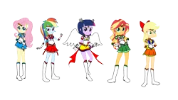 Size: 1920x1080 | Tagged: safe, artist:rollyagami02, derpibooru import, applejack, fluttershy, rainbow dash, sunset shimmer, twilight sparkle, equestria girls, clothes, clothes swap, cosplay, costume, image, png, sailor jupiter, sailor mars, sailor mercury, sailor moon, sailor venus, simple background, together, transparent background