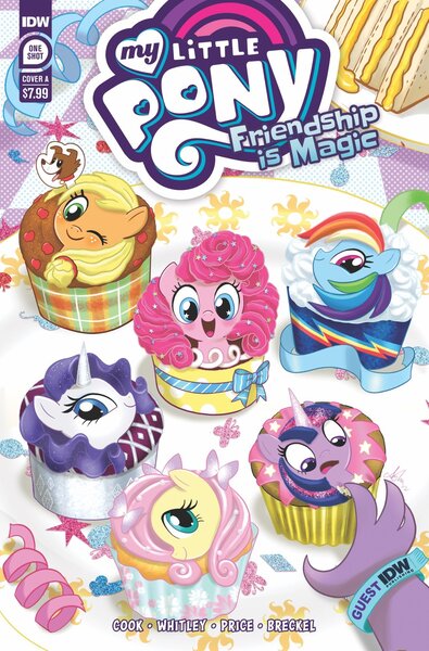 Size: 1265x1920 | Tagged: safe, derpibooru import, idw, applejack, fluttershy, pinkie pie, rainbow dash, rarity, twilight sparkle, winona, earth pony, pegasus, pony, unicorn, comic cover, cupcake, cutie mark, food, image, implied spike, jpeg, official comic, plate, ribbon, sandwich, sun