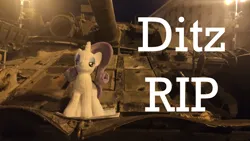 Size: 4000x2250 | Tagged: safe, derpibooru import, rarity, pony, album cover, image, in memoriam, irl, military, night, photo, plushie, png, solo, tank (vehicle), text, ukraine, war